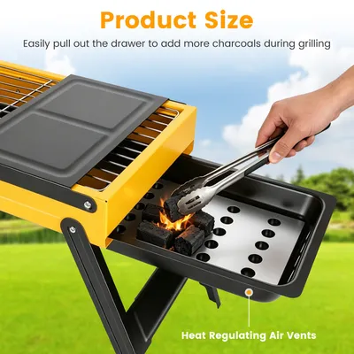 1Pc Portable Folding Charcoal Grill Stainless Steel Camping BBQ Grill With Side Panels Compact Tabletop Barbecue Grill With Carry Handle For Picnic Beach Travel