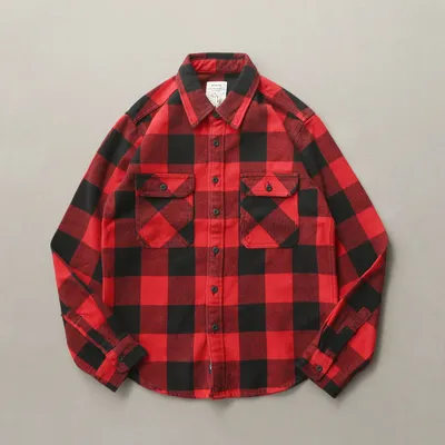 Men's Long Sleeve Retro Thick Brushed Plaid Shirt