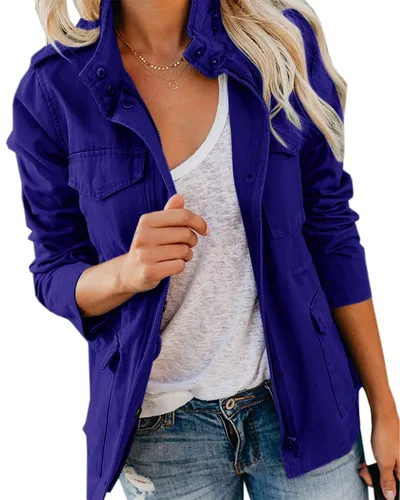 Fashion Ladies Solid Color Lapel Zipper Short Jacket Casual Pocket Button Decoration Top