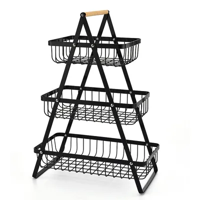 Detachable Iron Double-Layer Fruit Basket, Kitchen & Living Room Tabletop Storage Rack, Bread Basket With Wooden Handle, Hand-Carry Basket