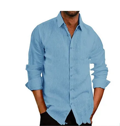 Fall Lapel Solid Color Long-sleeved Button Cotton And Linen Men's Shirt