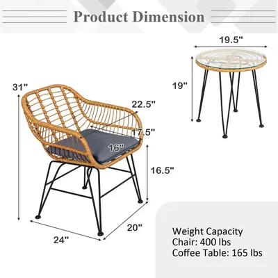 3 Pieces Rattan Furniture Set With Cushioned Chair Table