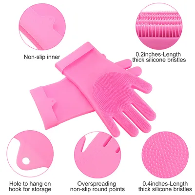 1 Pair Silicone Brush Dishwashing Gloves Cleaning Sponge Pet Scrubber Heat Resistant Wash Gloves