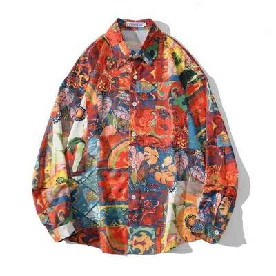 Vintage Design Hong Kong Style Print Draped Oil Painting Shirt