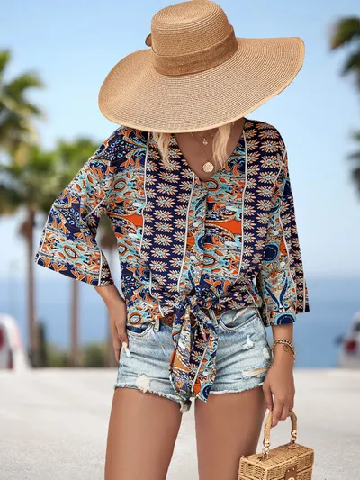 European And American V-neck Lace Up Irregular Top