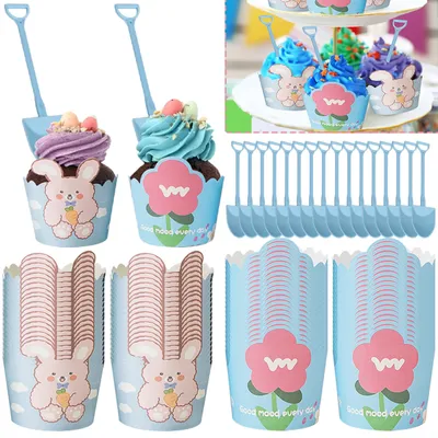Cute Cupcake Liners Wrappers With Plastic Spoons Bunny Flower Pattern Paper Baking Cup Scalloped Edge Cupcake Muffin Cases For Easter Spring Birthday Wedding Holiday Party Supplies