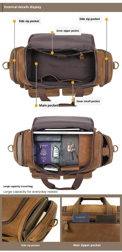 New Men's Genuine Leather Travel Bag, First-Layer Cowhide, Large Capacity Men's Handbag, Casual Travel And Business Trip Luggage Bag