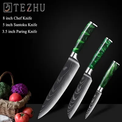 Green Resin Handle Damascus Laser Grain Knife