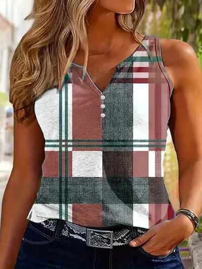 Women's V-Neck Plaid Print Sleeveless Tank Top With Button Detail Casual Summer Vest Top