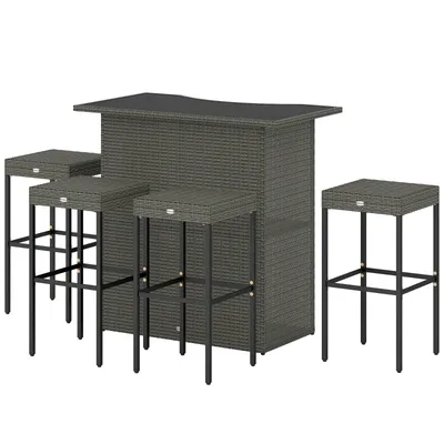 Outsunny 5 Piece Rattan Wicker Bar Set, High Top Outdoor Table And Chairs, Bar Height Patio Set, 2 Shelves & 4 Bar Stools, Gray