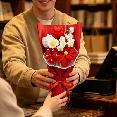 Handmade Crocheted Flower Bouquet, Red And White Tulips & Red Flowers Matched With Daisies And Tiny Blossoms, Soft Yarn Everlasting Knitted Bouquet, Indoor Home Decorative Ornament