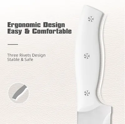 15-Piece White Kitchen Knife Set With Built-in Sharpening Stone, Ergonomic Triple Rivet Fixed Handles, Dishwasher Safe