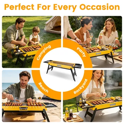 1Pc Portable Folding Charcoal Grill Stainless Steel Camping BBQ Grill With Side Panels Compact Tabletop Barbecue Grill With Carry Handle For Picnic Beach Travel