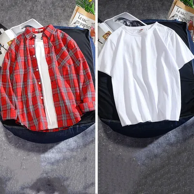 Spring And Autumn Ins Plaid Shirt Men's Long Sleeve