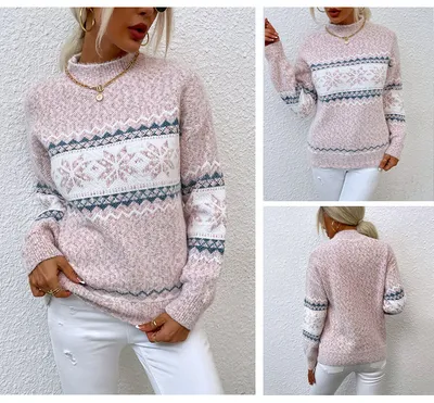 Winter Snowflake Sweater Fashion Half Turtleneck Pullover Knitted Tops Women's Christmas Clothing