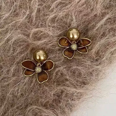 1 Pair Coffee Color Autumn Winter Enamel Vintage Pearl Flower Earrings, New Luxury Elegant Jewelry