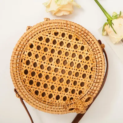 Natural PU small round straw bag