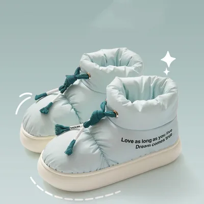 Winter Drawstring Cotton Shoes Indoor Outdoor Waterproof Thicked Plush Snow Boots Woman Comfortable Soft Sole Warm Ankle Boot
