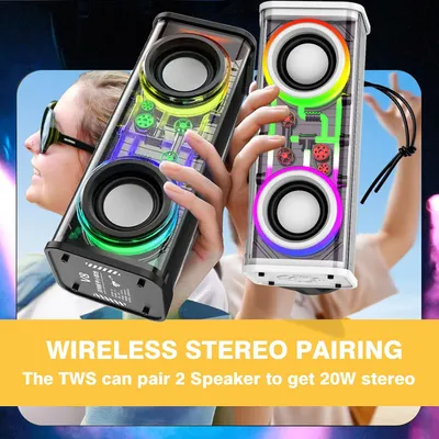 Portable Bluetooth Speaker With LED Lights&Transparent Casing, Bluetooth 5.3 Wireless Outdoor Speakers Support TWS PairingTF Card, 10W Stereo Sound, Electronics For Home, Outdoors, Travel Black