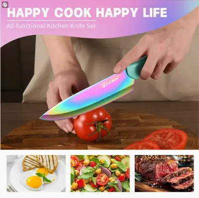 14-Piece Rainbow Colored High Carbon Stainless Steel Kitchen Knife Set, Titanium Coated Blade, Rust-Free & Super Sharp, Flatware Set With Wooden Stand & Kitchen Scissors, For Family & Restaurateurs