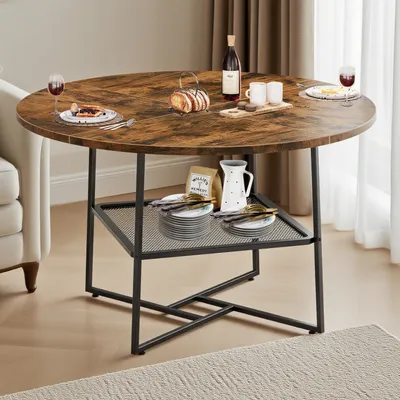 51inch Round Dining Table For 4-6  Tiger Stripes Black Wooden Dining Room Table With Storage Shelf Space Saving Circle Dinner Table With Metal Legs For Kitchen Living Room Dining Restaurant Furniture