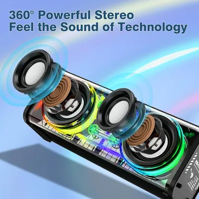 Portable Bluetooth Speaker With LED Lights&Transparent Casing, Bluetooth 5.3 Wireless Outdoor Speakers Support TWS PairingTF Card, 10W Stereo Sound, Electronics For Home, Outdoors, Travel Black