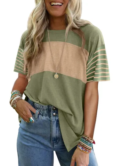 Women's New Style Crew Neck Pullover Casual Striped Color-Block Short-Sleeved T-Shirt