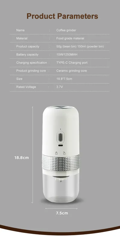 Electric Coffee Bean Grinder USB Charging Mini Coffee Bean Mill Grinder Espresso Spice Grinder For Kitchen