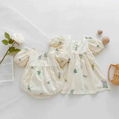 Thin Cotton Embroidery Puff Short Sleeve Baby Bodysuit Jumpsuit