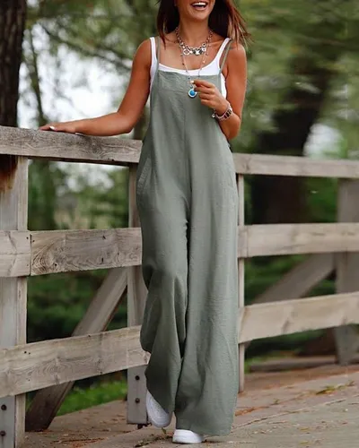 Women's Dark Green Casual Suspender Wide-leg Jumpsuit