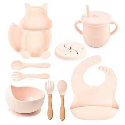 8 PCs Babies' Tableware Set Squirrel Dinner Plate Cup With Straw Silicone Bowl Bib Compartment Tray Spoon Fork Baby Bowl Wholesale