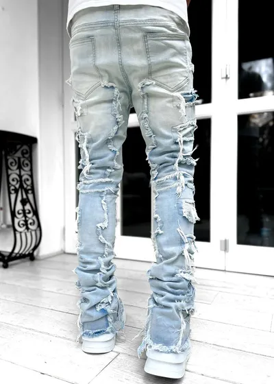 Ins Fringes Ripped Trousers Individual Patched Pants Long Tight Fit Stacked Jeans For Mens Clothing
