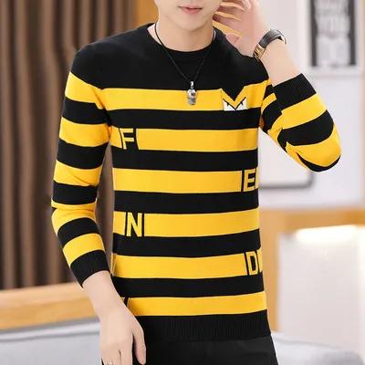 Men's Round Neck Striped Sweater Trend Slim Simple Knitted Sweater