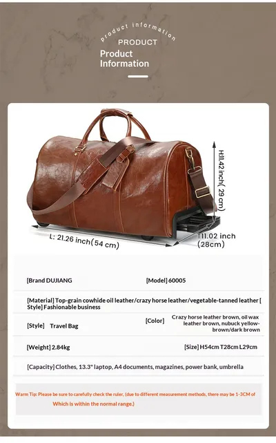 New Crazy Horse Leather Trolley Travel Bag, Retro Genuine Leather Travel Bag, Large Capacity Business Travel Luggage