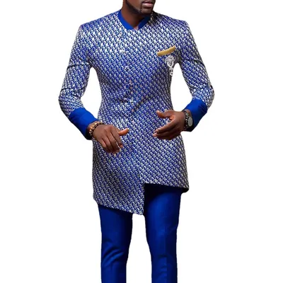 Stand Collar Casual Blue Pattern Men's Long Sleeve Shirt