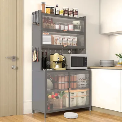 73'' Tall Kitchen Pantry Cabinet , 6 Level Flip Door With Pegboard Spacious, Adjustable & Stylish Metal Pantry Storage Cabinet, Anti-Tip Design Hutch For Kitchen, Dining Room, Living Room Grey