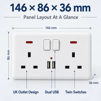 مقبس حائط مزدوج ثنائي الفتحات 13 أمبير، منفذان لشحن USB، لوحة مسطحة، المملكة المتحدة