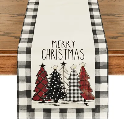 Christmas Trees Merry Xmas Table Runner, Seasonal Winter Holiday Kitchen Dining Table Decoration