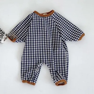 Baby Plaid Contrast Color Romper Long-sleeved Thickened Jumpsuit