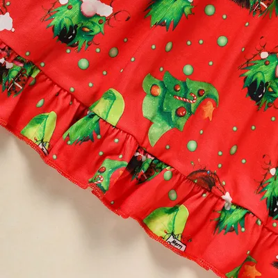Toddler Kids Baby Girl Christmas Dress Outifts, Long Sleeves Cartoon Prints Party Dress With Heart Print Vest Coat Xmas Clothes Set