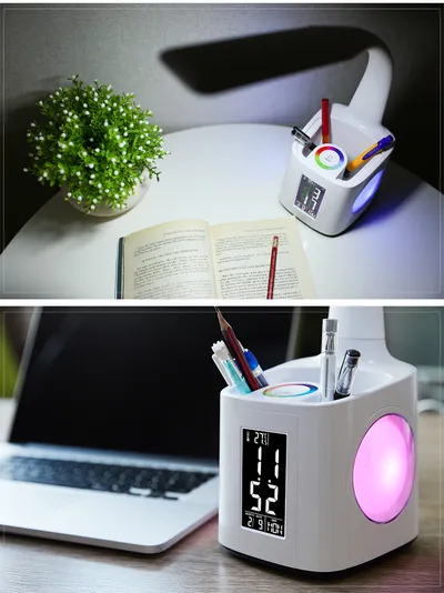 مصباح مكتب LED للدراسة، منفذ شحن USB وشاشة وتقويم وألوان ضوء الليل للأطفال مصباح طاولة قابل للتعتيم مع محفظة قلم