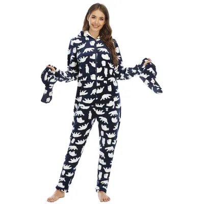 Ladies Flannel Camouflage Animal Print One-piece With Foot Cover