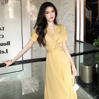 Light Yellow Long Skirt French Bellflower Waist Dress