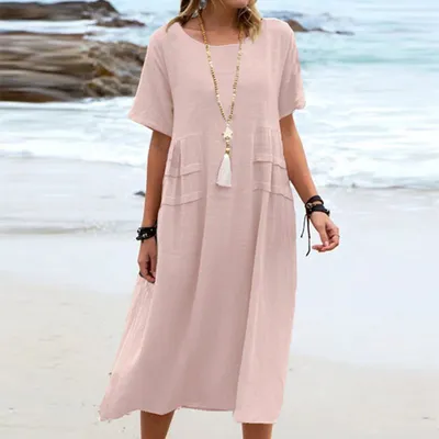 Women's Summer Loose Casual Midi Dress Breathable Cotton Linen Short-sleeve Mid-length Dresses Women Simple Beach Dress