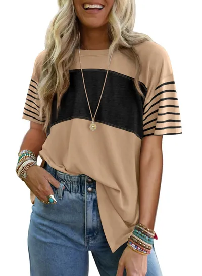 Women's New Style Crew Neck Pullover Casual Striped Color-Block Short-Sleeved T-Shirt
