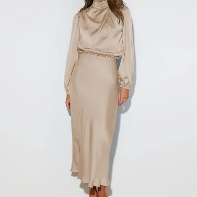 Elegant Temperament Long-sleeved Dress Satin Halterneck Formal Evening Dresses Women Clothing