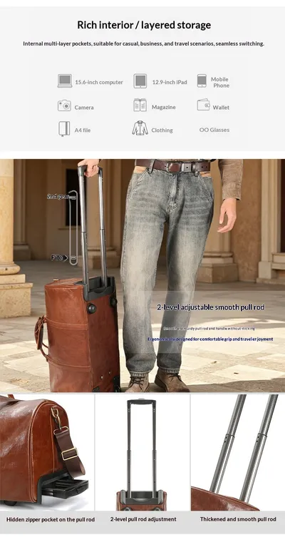 New Crazy Horse Leather Trolley Travel Bag, Retro Genuine Leather Travel Bag, Large Capacity Business Travel Luggage