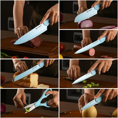 Kitchen Knife Set With Guards, 13 Piece Blue Non-Stick Stainless Steel Boxed Knives Set, Anti-Rust And Dishwasher Safe, 6 Knives With 6 Blade Covers And Kitchen Shears
