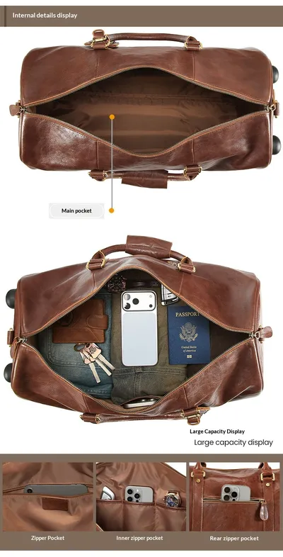 New Crazy Horse Leather Trolley Travel Bag, Retro Genuine Leather Travel Bag, Large Capacity Business Travel Luggage