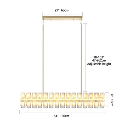 Crystal Brass Rectangle Chandeliers For Dining Room, 54in Gold Farmhouse Chandeliers For Dining Room, Modern Rectangle Crystal Chandelier For Kitchen Island Living Room, Includes 60XG4 Bulbs
